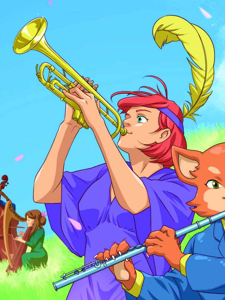 Flera karaktärer illustrerade i anime-stil spelar orkesterinstrument. De står i ett gräsbevuxet fält under en blå himmel.