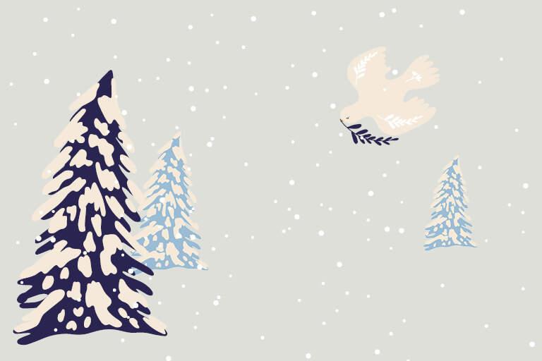 Illustration av en duva som flyger mellan två snötäckta granar med en kvist i näbben. Det snöar.