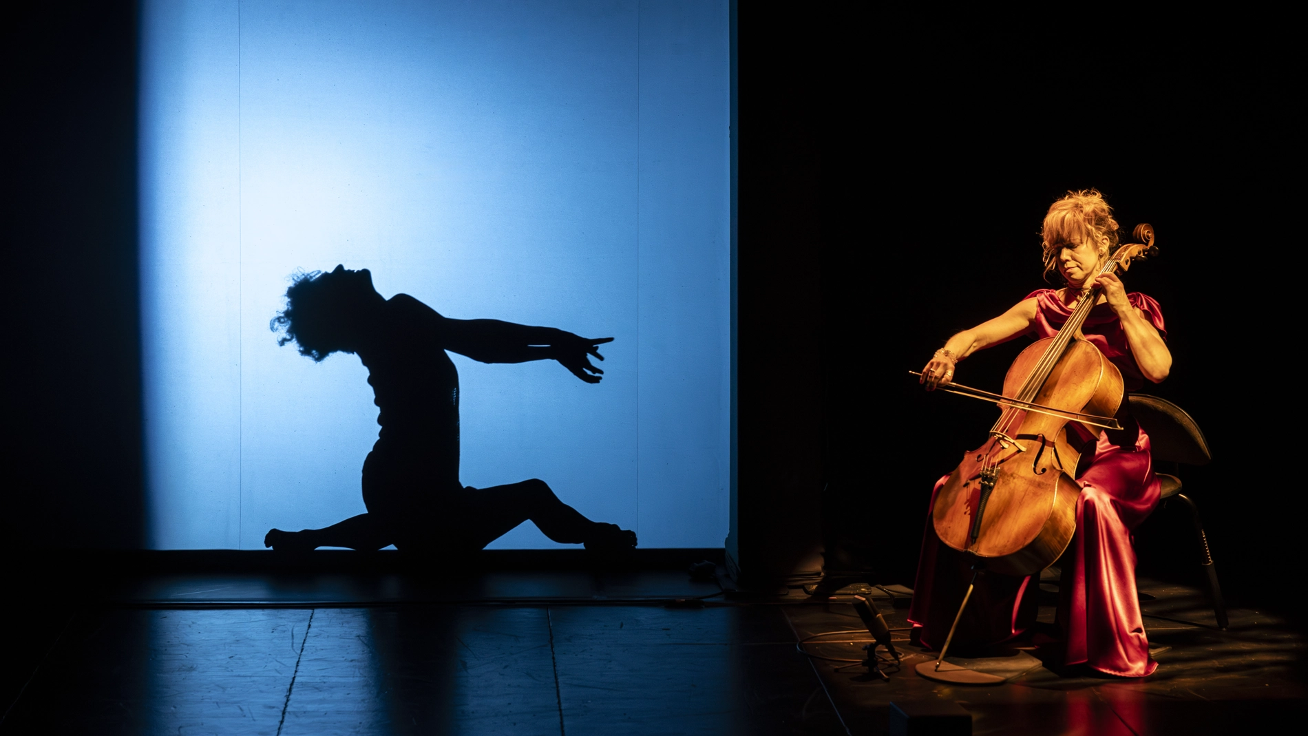 En cellist sitter och spelar under en spotlight. Till vänster om henne, bakom en blåbelyst skärm, syns en silhuett av Pierrot sittande med utsträckta armar.