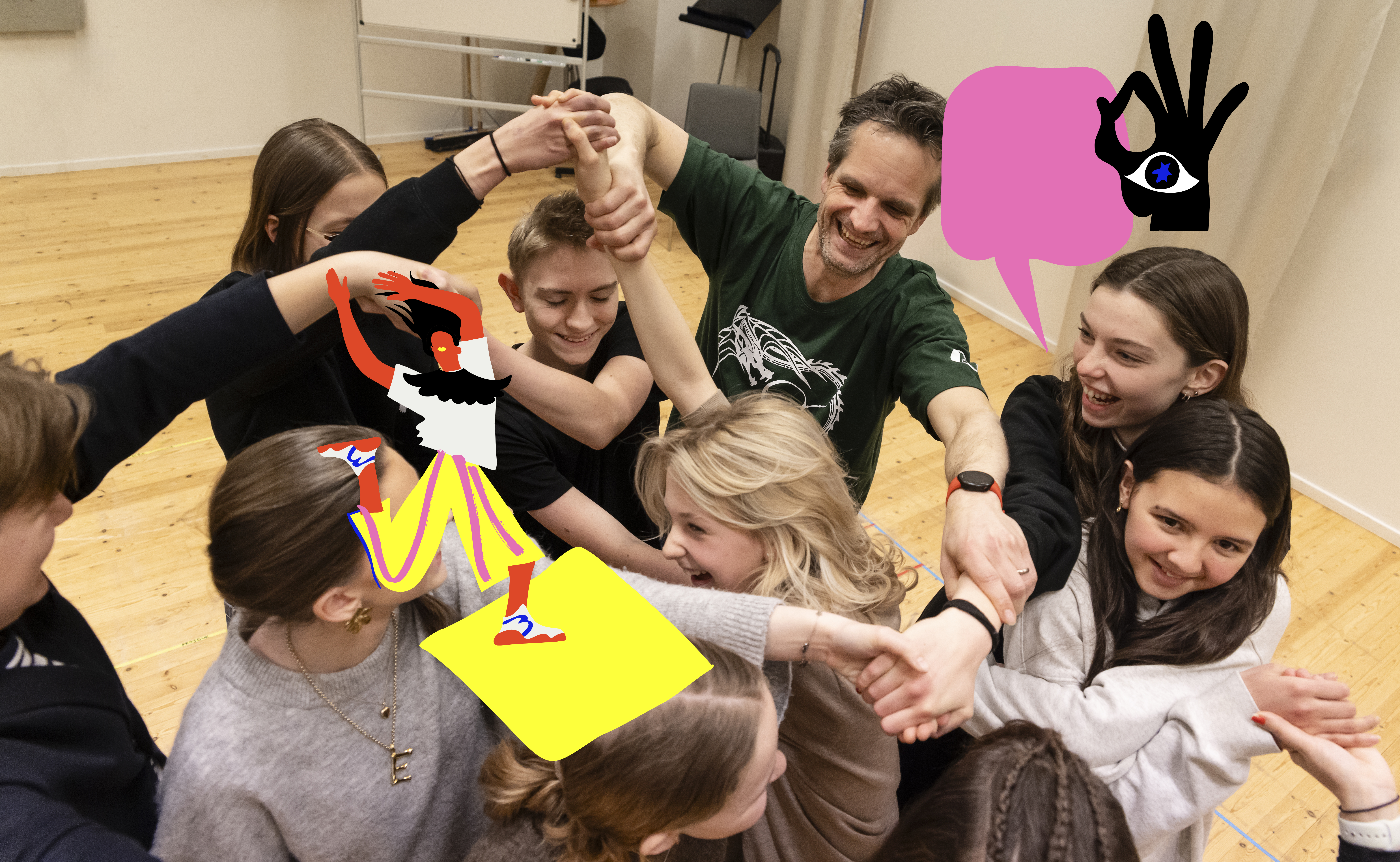 Tonåringar och en pedagog håller varandras händer och är inlindade i en knut. De duckar, skrattar och försöker lösgöra knutet.