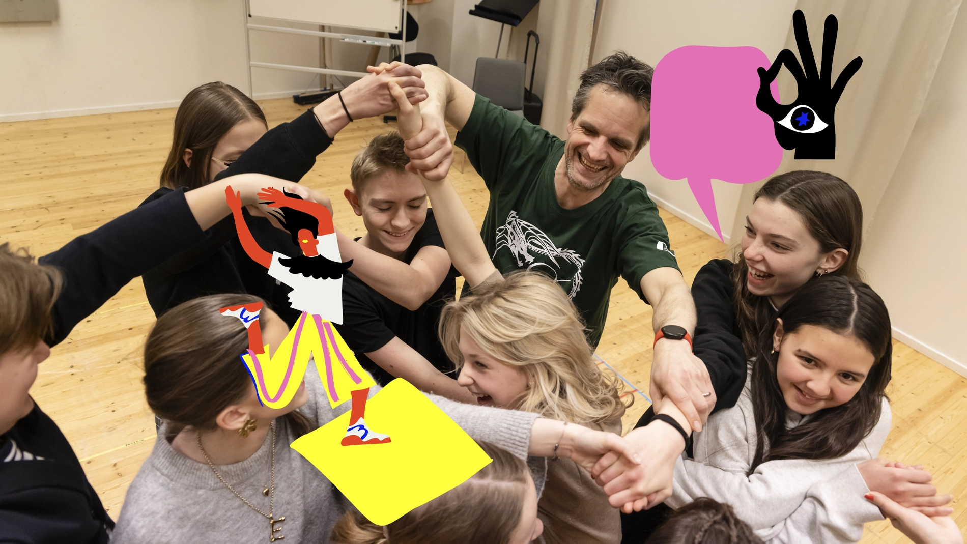 Tonåringar och en pedagog håller varandras händer och är inlindade i en knut. De duckar, skrattar och försöker lösgöra knutet.