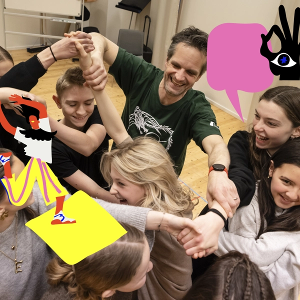 Tonåringar och en pedagog håller varandras händer och är inlindade i en knut. De duckar, skrattar och försöker lösgöra knutet.