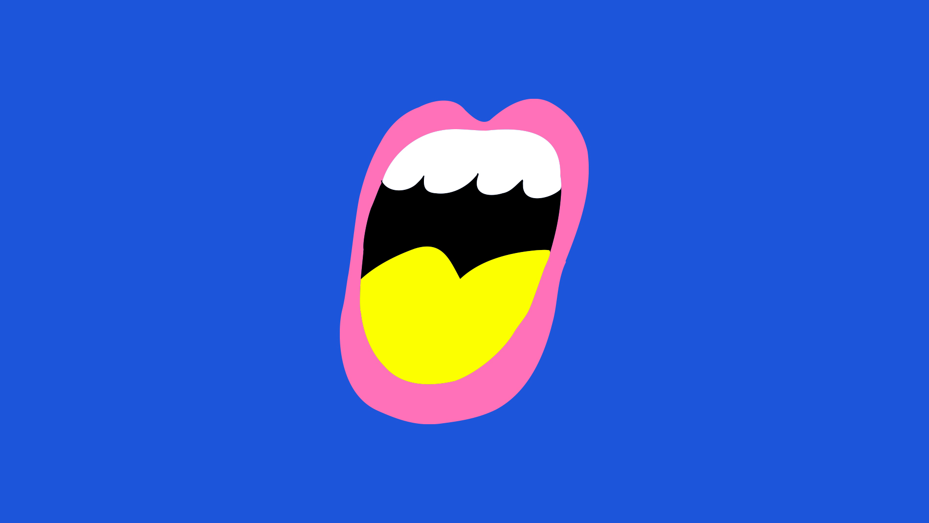 En stiliserad illustration av en öppen sjungande mun med gul tunga och rosa läppar.
