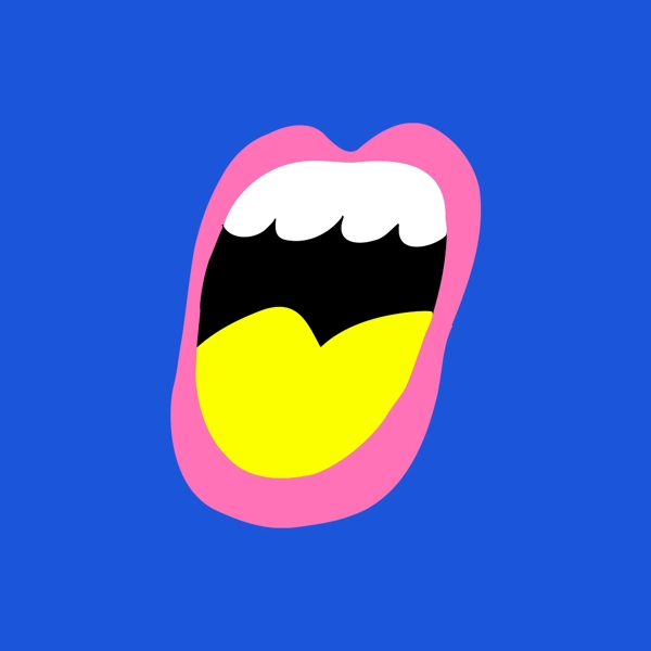 En stiliserad illustration av en öppen sjungande mun med gul tunga och rosa läppar.