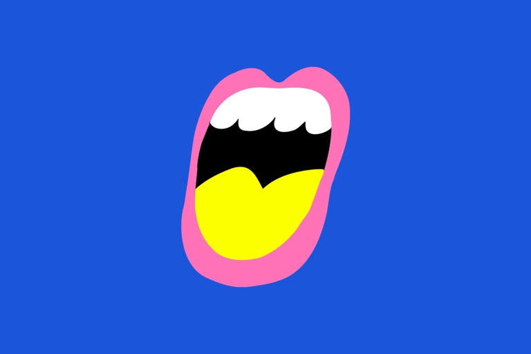 En stiliserad illustration av en öppen sjungande mun med gul tunga och rosa läppar.