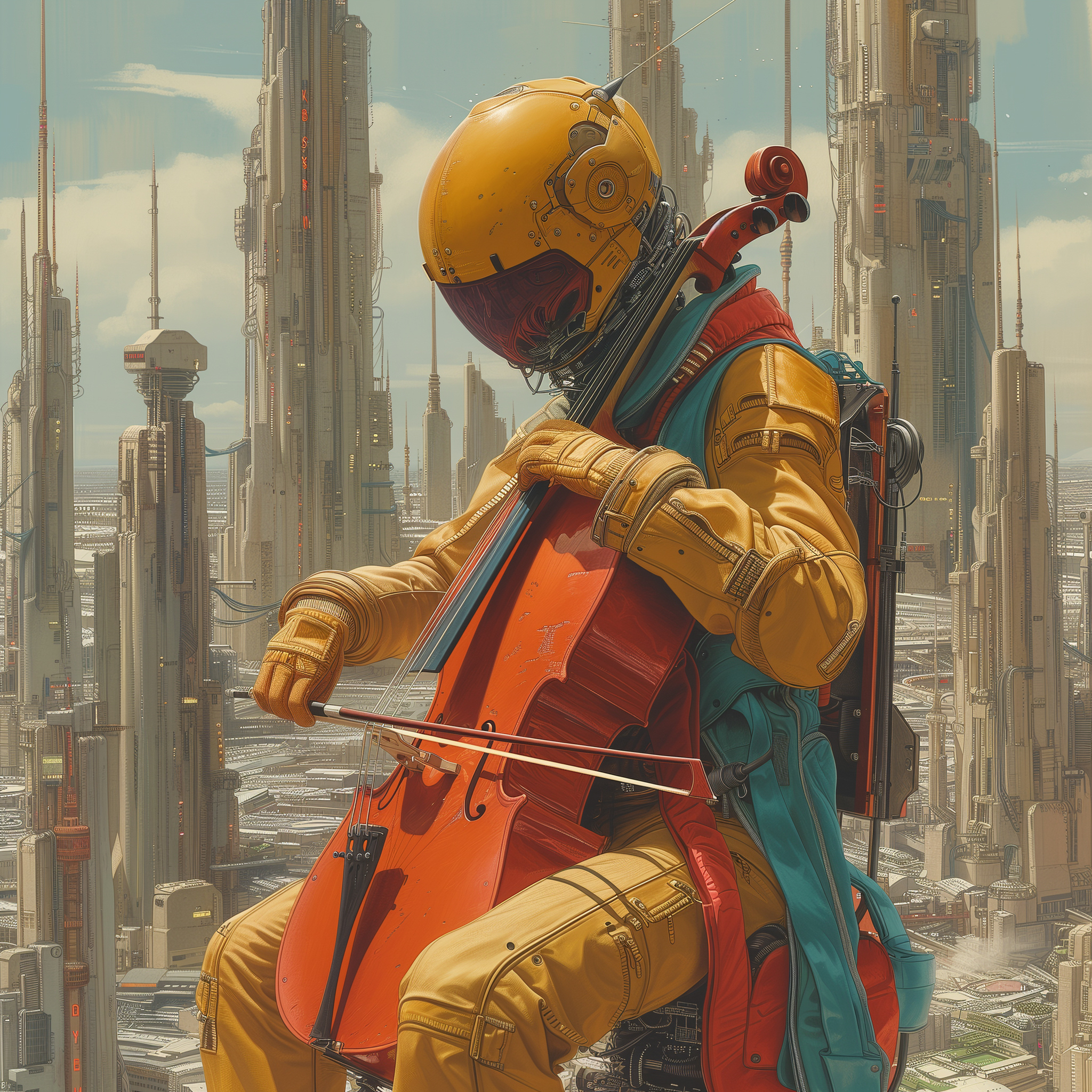 I förgrunden sitter en figur i åtsittande gul rymddräkt och hjälm som spelar cello. I bakgrunden syns en futuristisk stad.