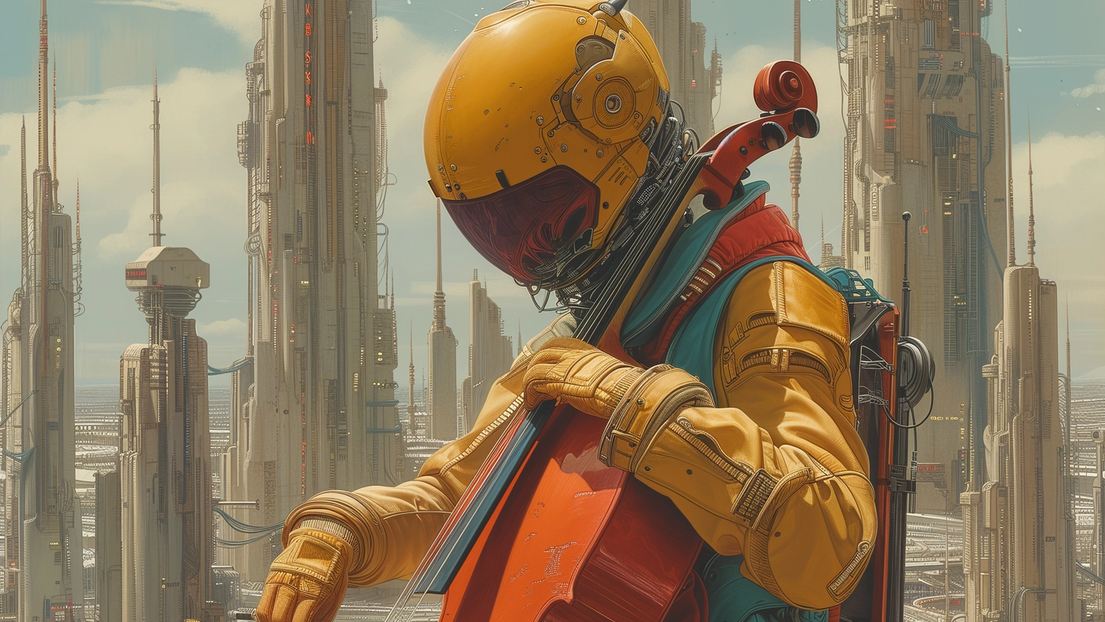I förgrunden sitter en figur i åtsittande gul rymddräkt och hjälm som spelar cello. I bakgrunden syns en futuristisk stad.