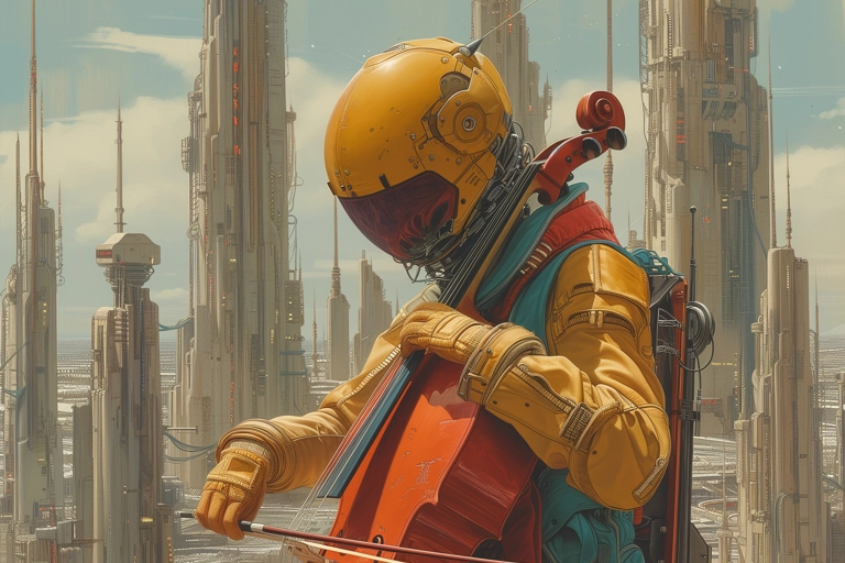 I förgrunden sitter en figur i åtsittande gul rymddräkt och hjälm som spelar cello. I bakgrunden syns en futuristisk stad.