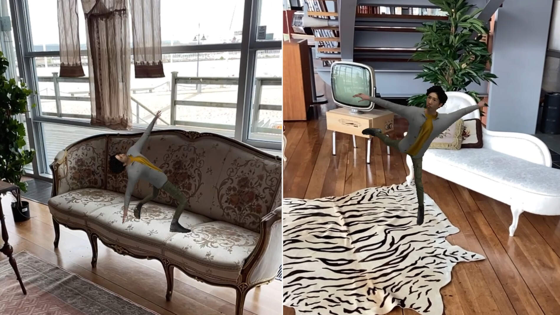 En augmented reality-avatar av Lee Yuan-Tu dansar på en soffa i GöteborgsOperans foajé.