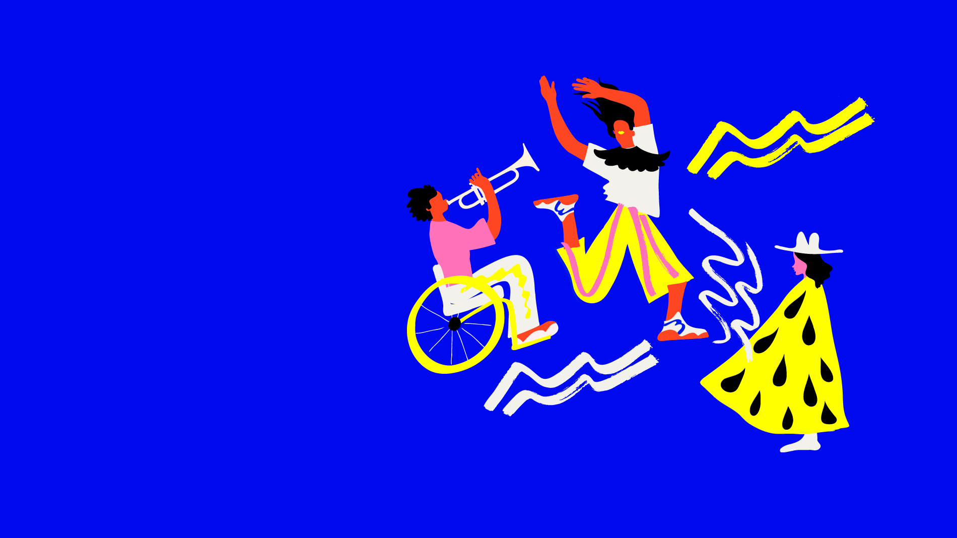 En illustration av en person som dansar, en som står och en som sitter och spelar trumpet.