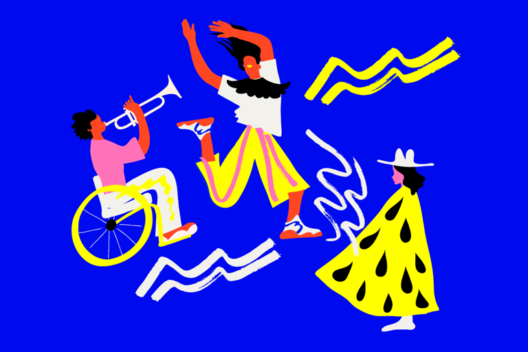 En illustration av en person som dansar, en som står och en som sitter och spelar trumpet.
