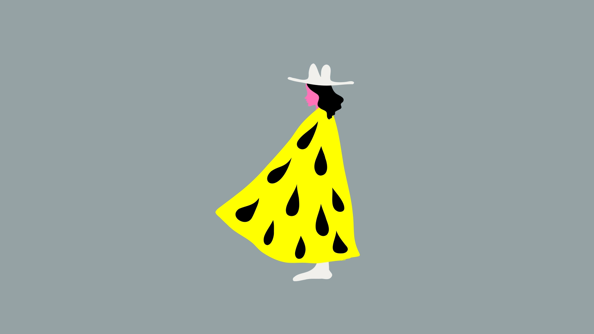 En stiliserad illustration av någon som bär en bredbrättad hatt och en lång mantel.