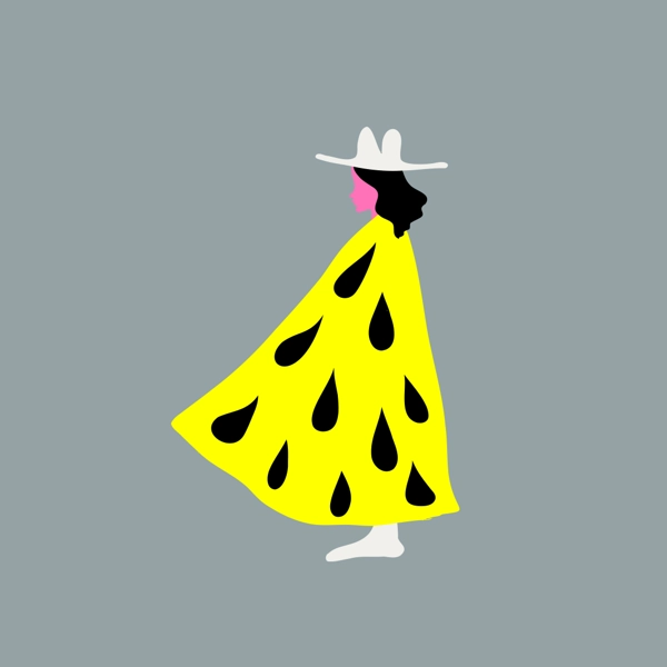 En stiliserad illustration av någon som bär en bredbrättad hatt och en lång mantel.