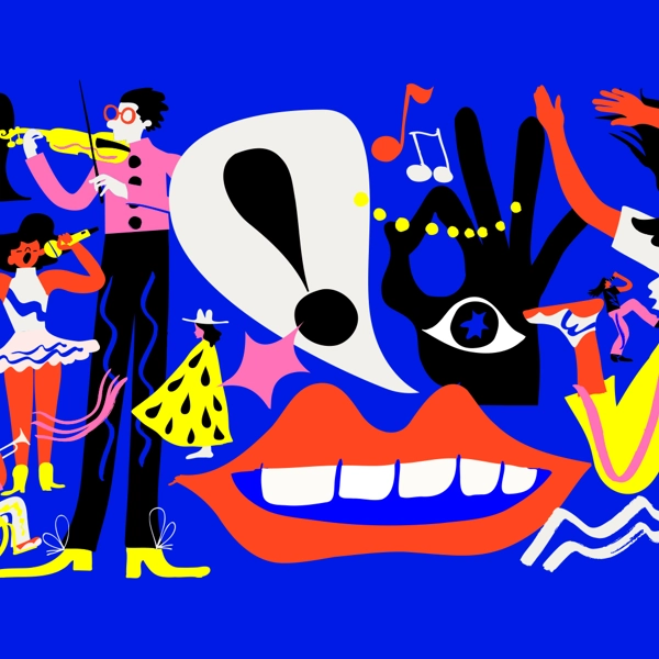 En illustration av människor som dansar, sjunger och spelar instrument.