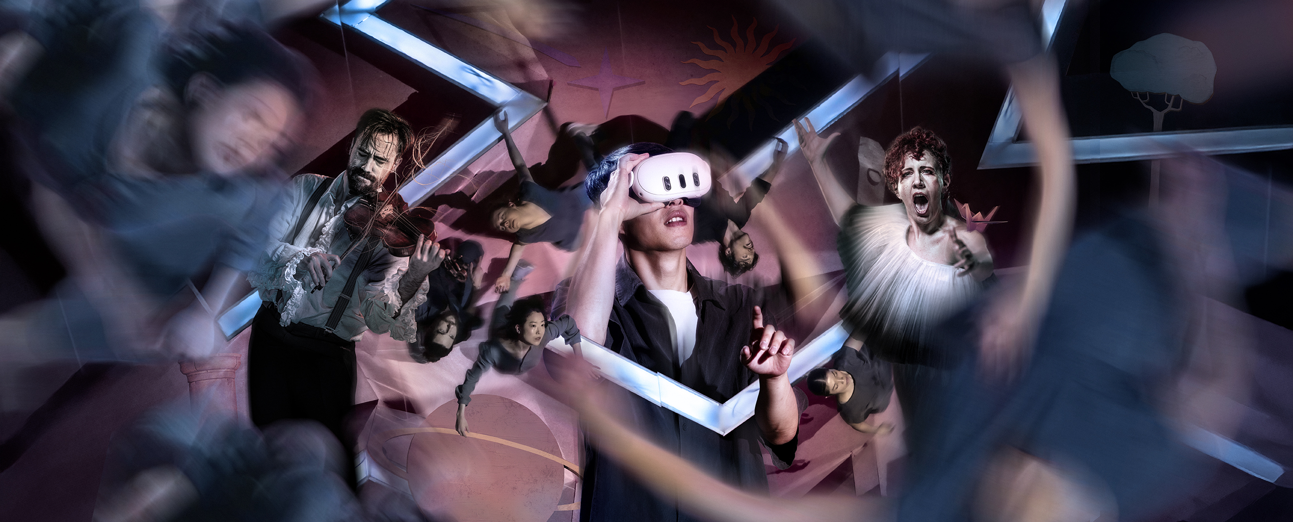 Någon står med ett VR-headset på och ändrar fokus med ena handen. De är omgivna av bilder av sångare, musiker och dansare.