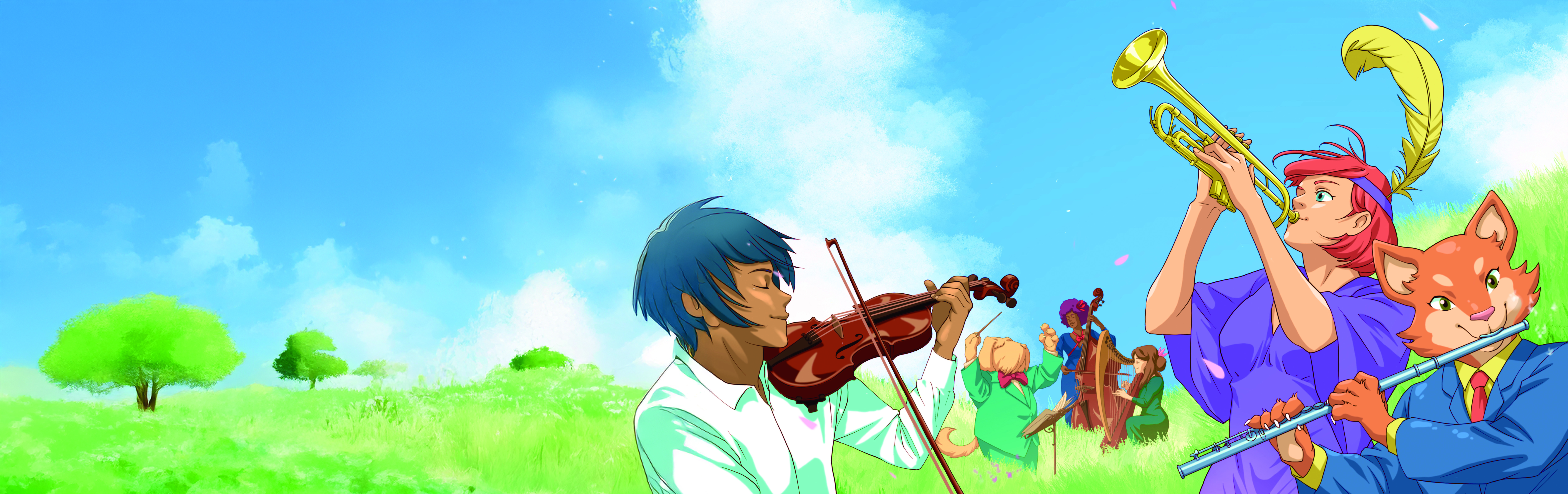 Flera karaktärer illustrerade i anime-stil spelar orkesterinstrument. De står i ett gräsbevuxet fält under en blå himmel.