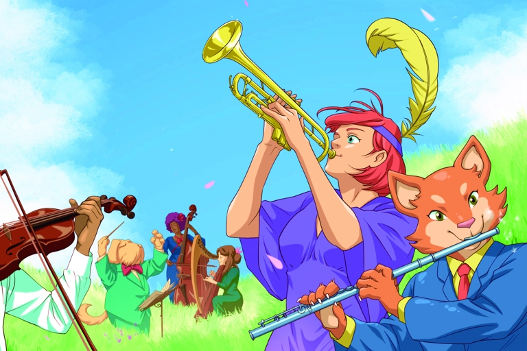 Flera karaktärer illustrerade i anime-stil spelar orkesterinstrument. De står i ett gräsbevuxet fält under en blå himmel.
